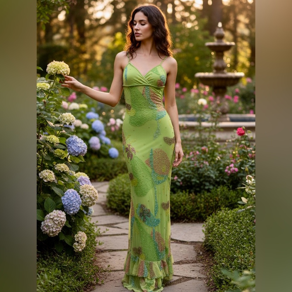 Elegant lime, green Green hand, beaded‎ multicolor Dress